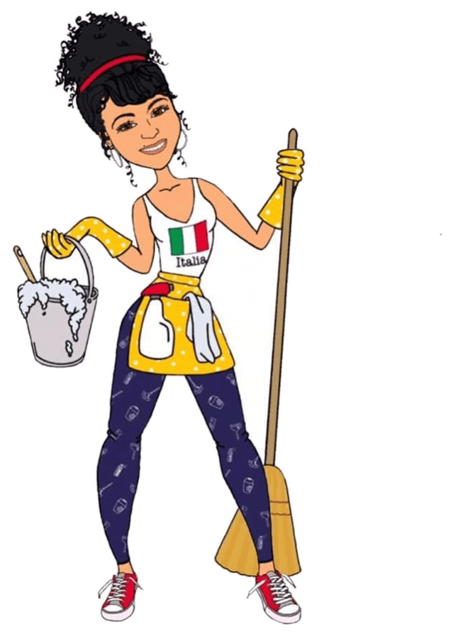 Coxy Clean mascot illustration — an Italian-flag-themed cleaner holding a mop and bucket